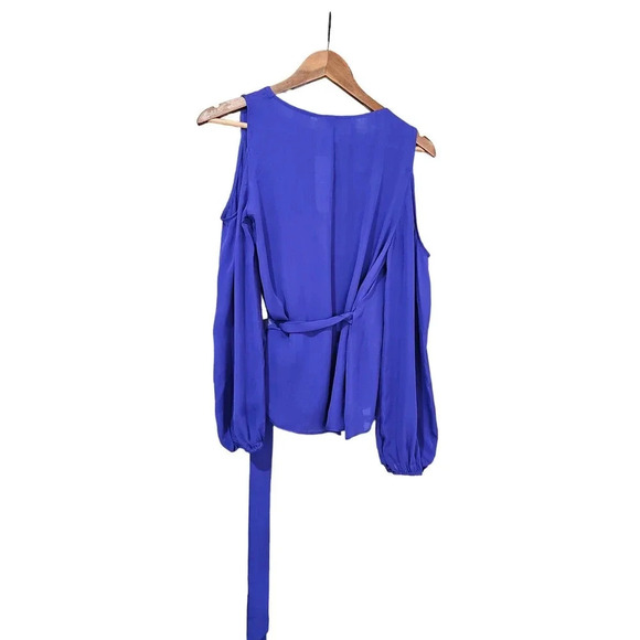 Artelier Nicole Miller Cold Shoulder Silk Wrap Blouse Blue Size S NWT - Picture 5 of 9